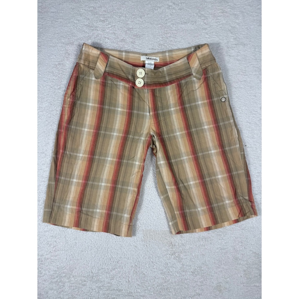 Billabong Plaid Shorts Womens 7 Tan Red Cotton Low Rise Surf Skater Y2K